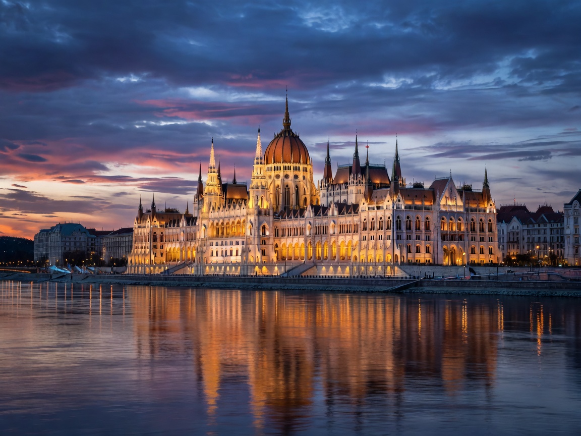 Budapest Parliament and Danube River at Dusk